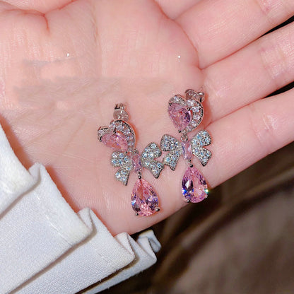 Gentle peach blossom drop zircon bow earrings-Jewearrings