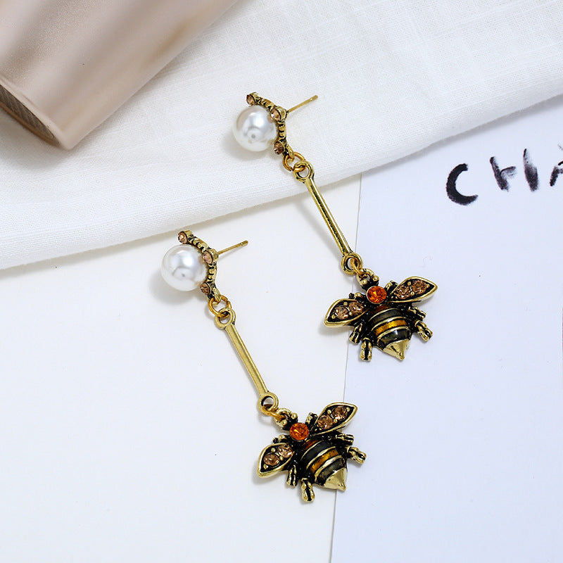 Little bee tassel earrings personality insect pearl long earrings earrings-Jewearrings