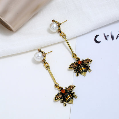 Little bee tassel earrings personality insect pearl long earrings earrings-Jewearrings