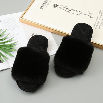 Faux Fur Open Toe Slippers-Jewearrings