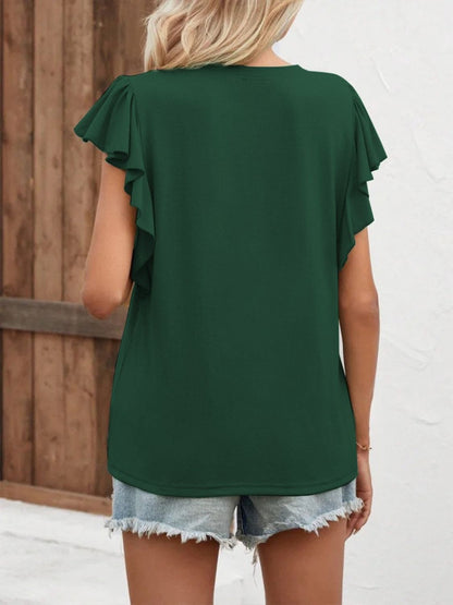 Full Size Ruffled Notched Cap Sleeve T-Shirt-Jewearrings