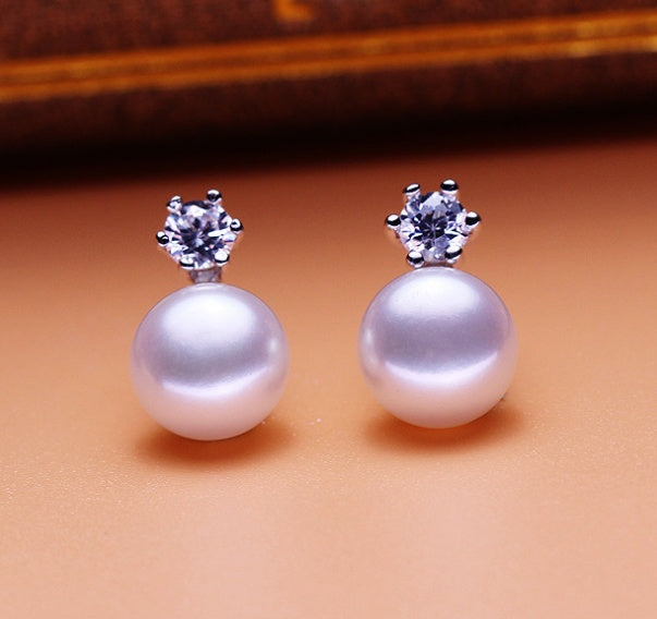 Six claws freshwater pearl silver earrings 8-9mm inlaid zircon earrings earrings jewelry-Jewearrings