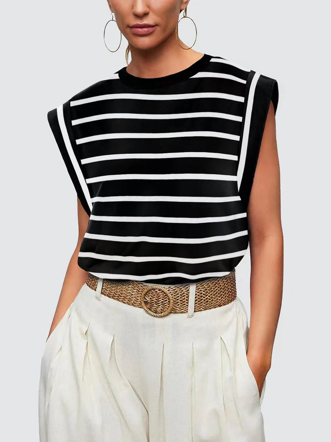 Striped Round Neck Cap Sleeve T-Shirt-Jewearrings