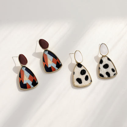 925 Silver Needle Leopard Print Fabric Stitching Contrasting Color Earrings-Jewearrings