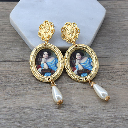 Vintage oil painting pearl earrings-Jewearrings