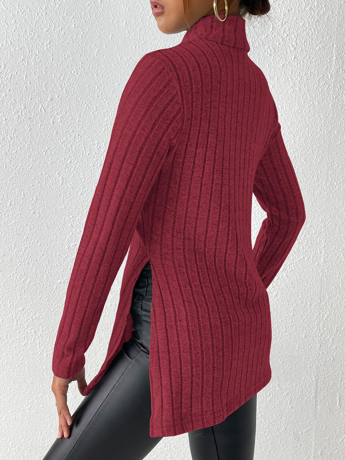 Ribbed Turtleneck Long Sleeve Slit T-Shirt-Jewearrings