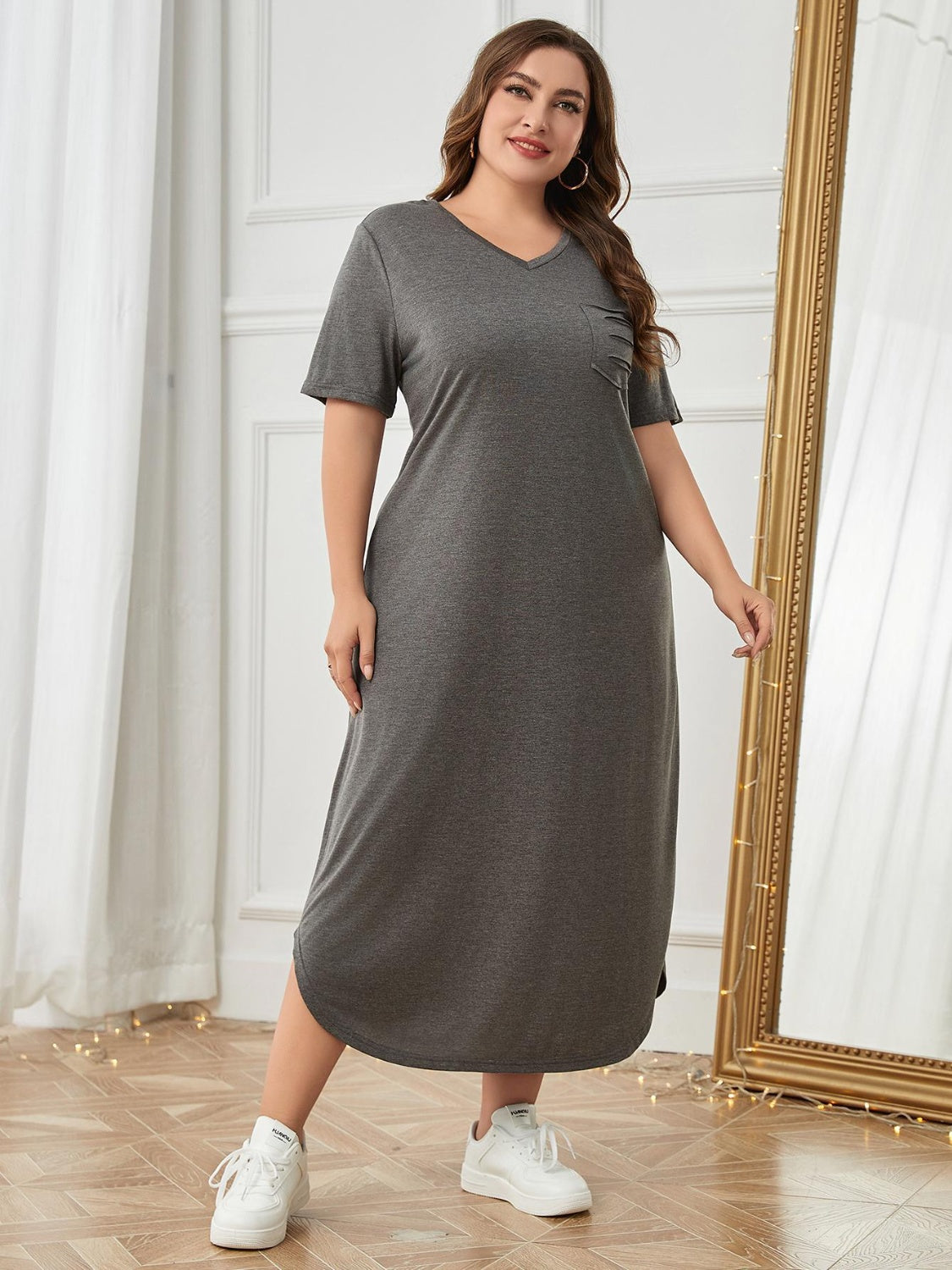 Plus Size Pocketed V-Neck Short Sleeve Lounge Dress-Jewearrings