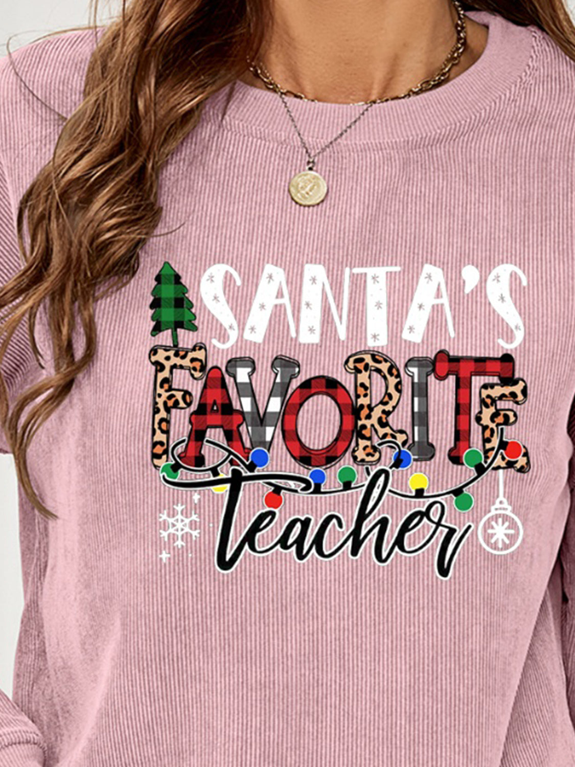 SANTA'S FAVORITE TEACHER Graphic Sweatshirt-Jewearrings