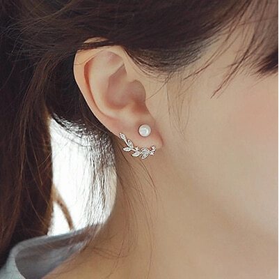 Lovely Sweet Simple Leaf Pearl Zircon Trendy Earrings-Jewearrings