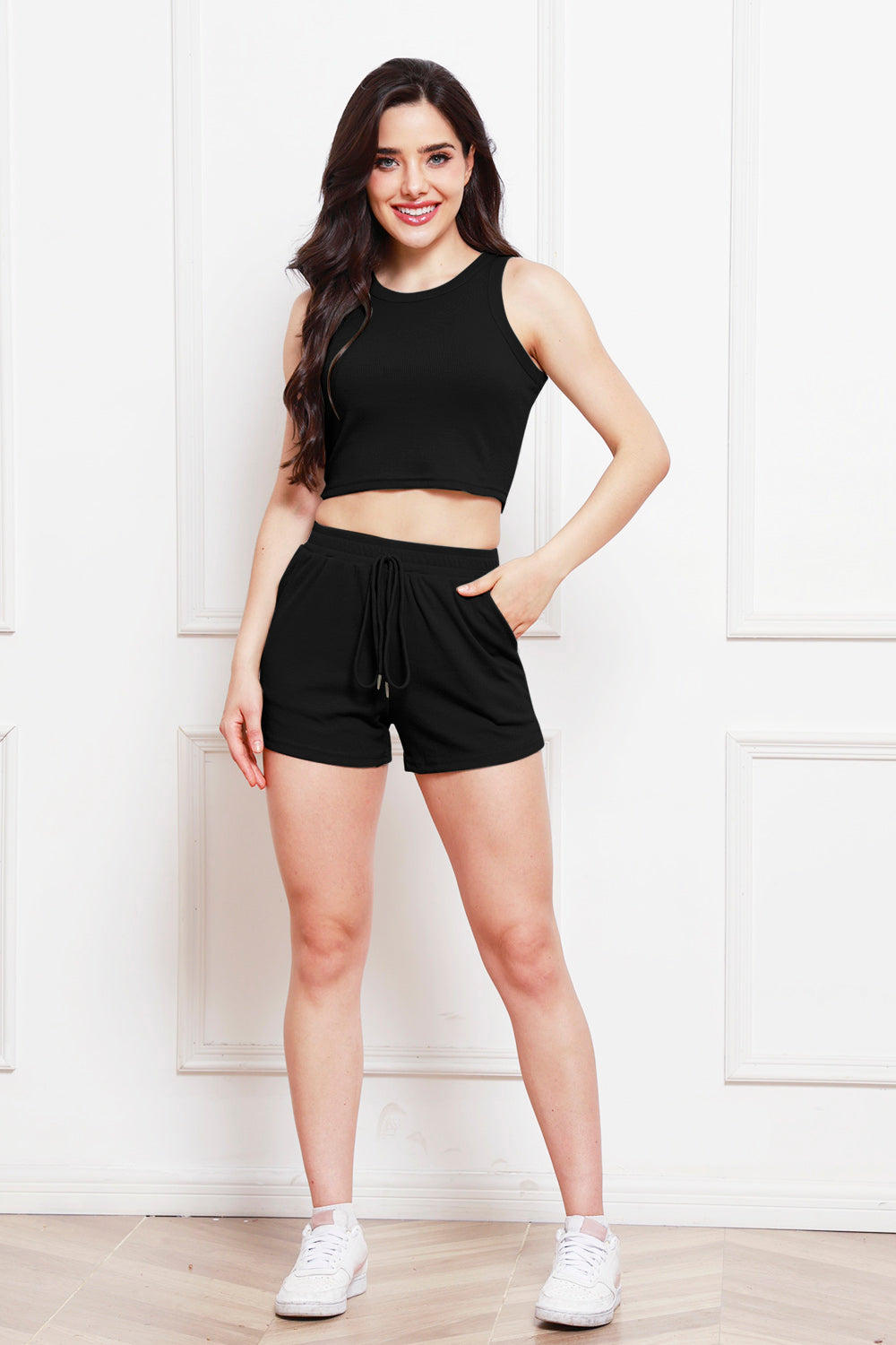 Round Neck Tank and Drawstring Shorts Set-Jewearrings