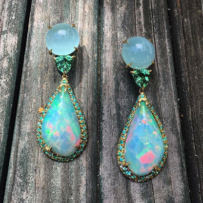 Noble Imitation Natural Jade and Chalcedony Opal Earrings-Jewearrings