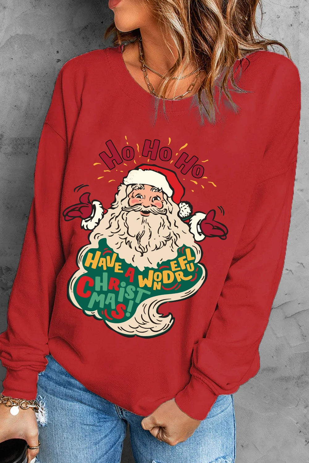 Santa Graphic Round Neck Long Sleeve Sweatshirt-Jewearrings