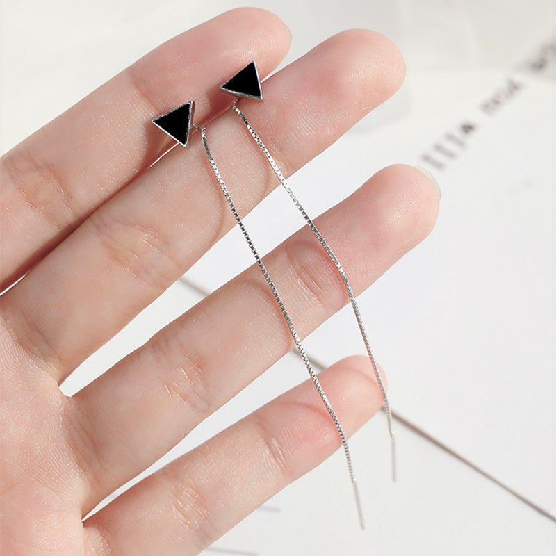 S925 Sterling Silver Black Triangle Hanging Earrings-Jewearrings