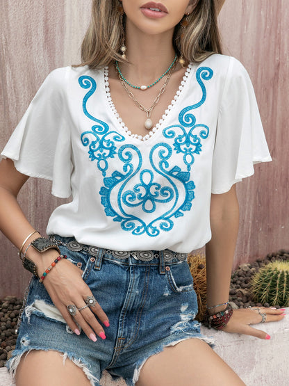 Graphic V-Neck Flutter Sleeve T-Shirt-Jewearrings