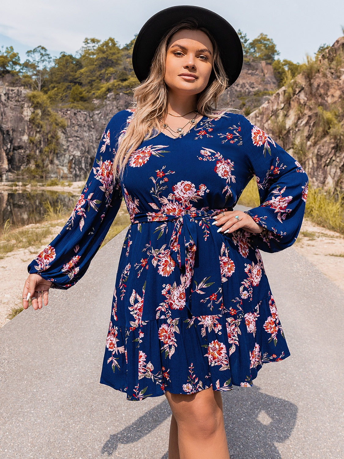 Plus Size V-Neck Long Sleeve Dress-Jewearrings