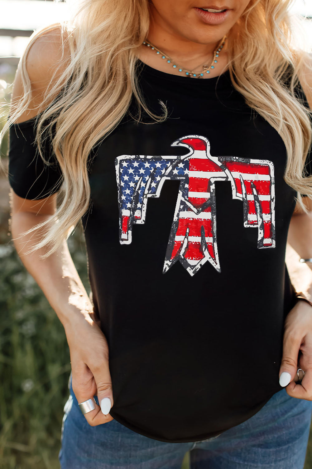 US Flag Bird Graphic Cold-Shoulder Tee-Jewearrings