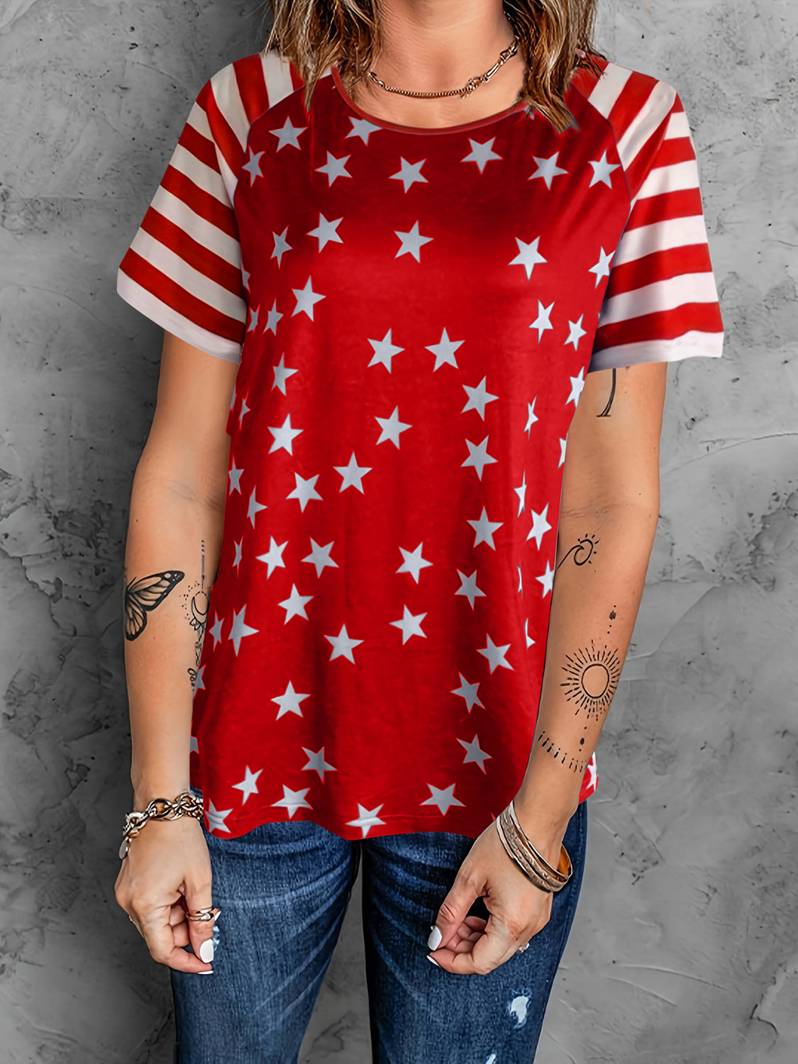 Full Size Star Striped Round Neck Short Sleeve T-Shirt-Jewearrings