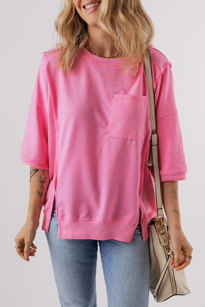 Round Neck Half Sleeve Slit T-Shirt-Jewearrings