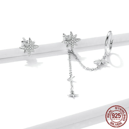 925 Silver Crystal Earrings New Shining Star Asymmetric Ear Line-Jewearrings