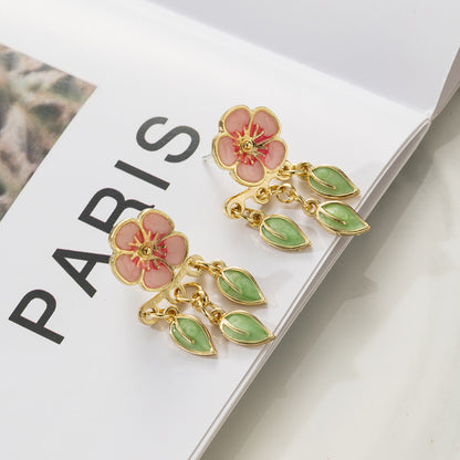 Special-interest Design Drop Oil Peach Blossom Leaf-shapepd Stud Earrings-Jewearrings