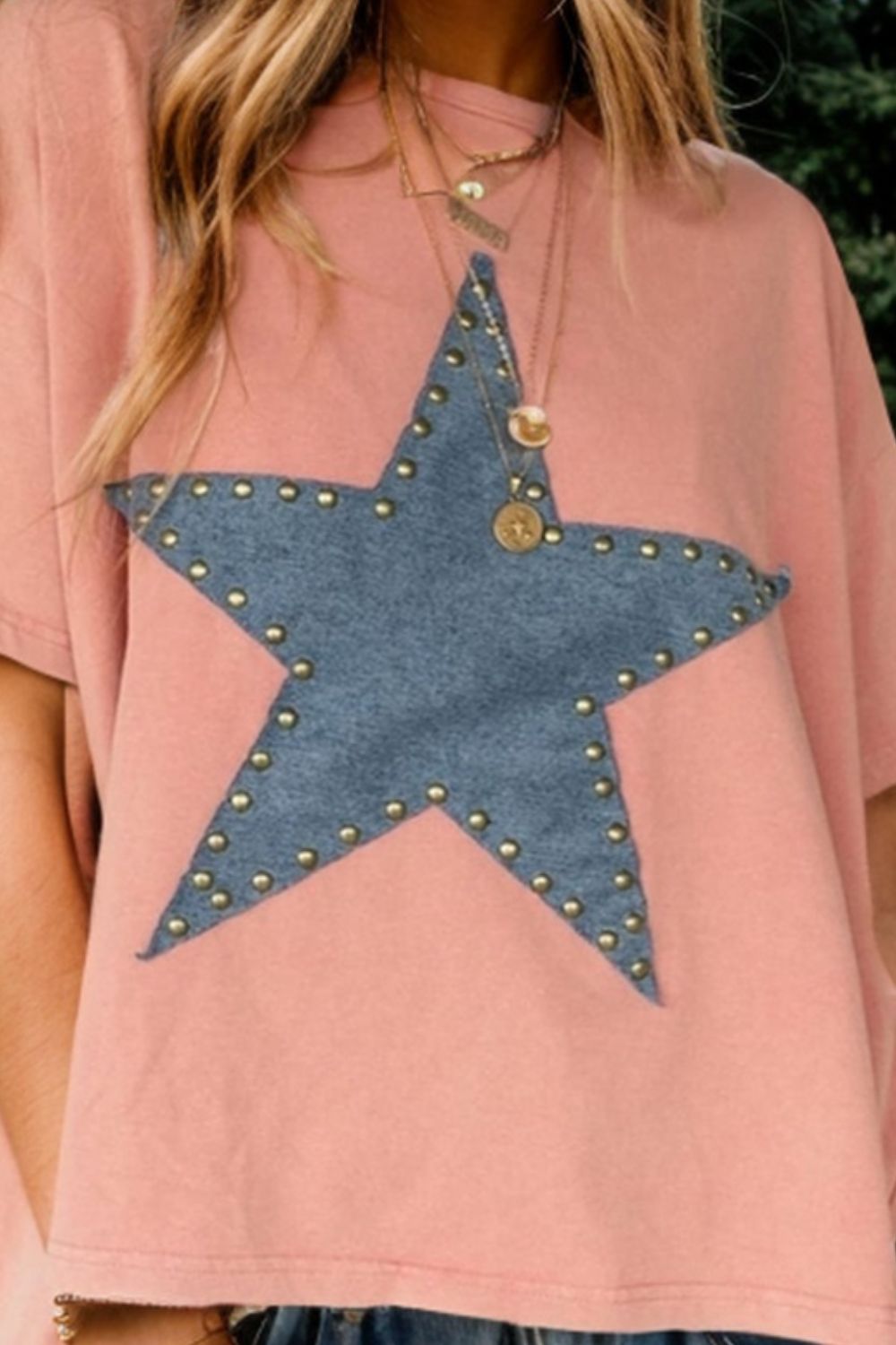 Studded Star Round Neck Short Sleeve T-Shirt-Jewearrings