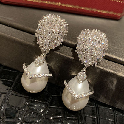 Super Sparkling Balloon S925 Silver Needle One Piece Dress Wave Elegant Drop Pearl Earrings-Jewearrings