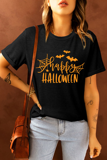 Round Neck Short Sleeve HAPPY HALLOWEEN Graphic T-Shirt-Jewearrings