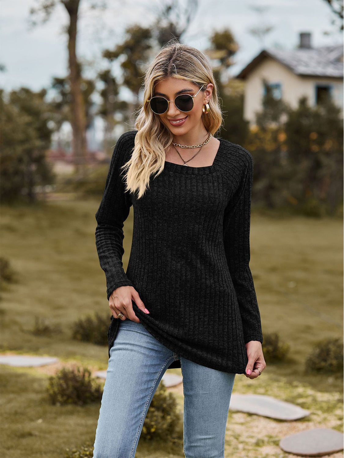 Full Size Ribbed Square Neck Long Sleeve T-Shirt-Jewearrings