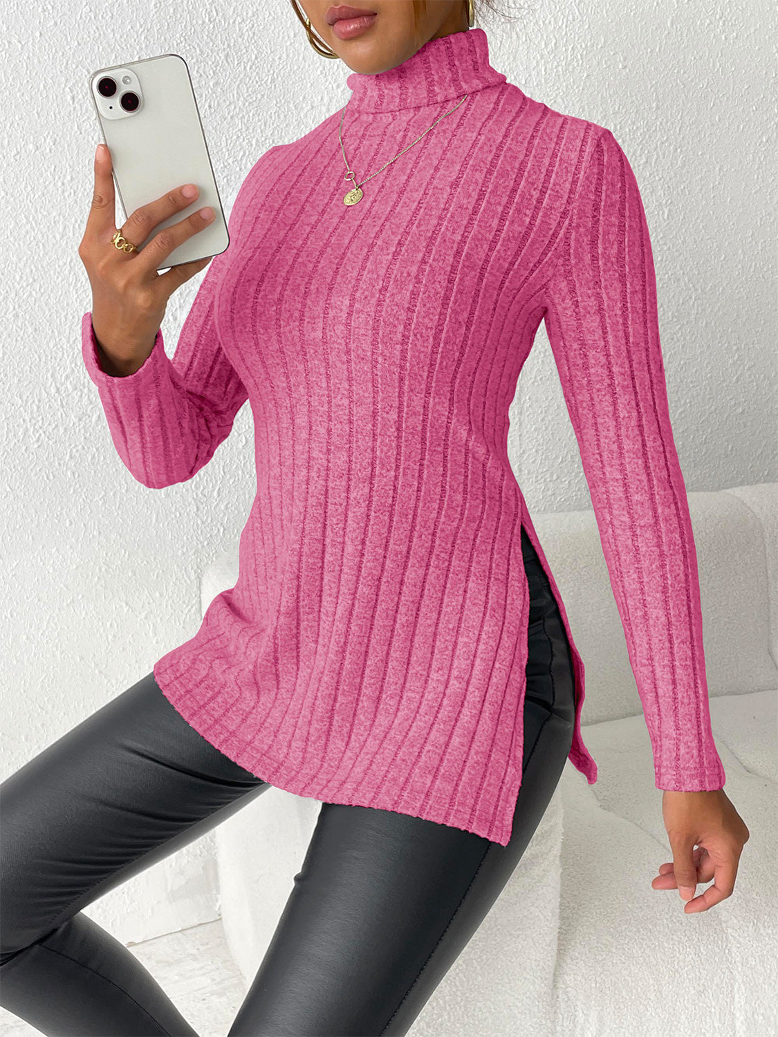 Ribbed Turtleneck Long Sleeve Slit T-Shirt-Jewearrings