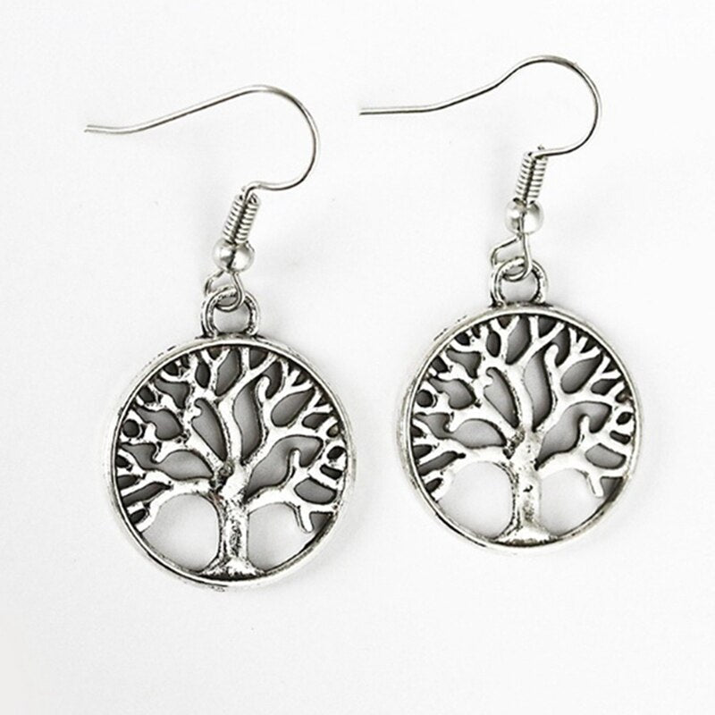 Fashion Natural Stone Tree Of Life Pendulum Pendant Earrings For Women Healing Alloy Round Circle Dangle Earring Party Jewelry-Jewearrings