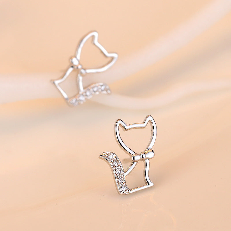 925 Silver Stud Earrings Butterfly Fox Cat Micro Inlaid Shining Zircon Accessories-Jewearrings