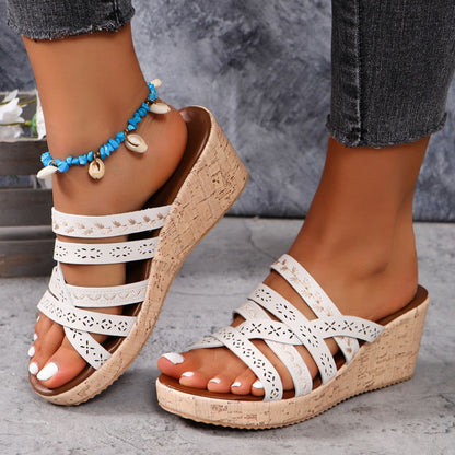 PU Leather Crisscross Wedge Sandals-Jewearrings