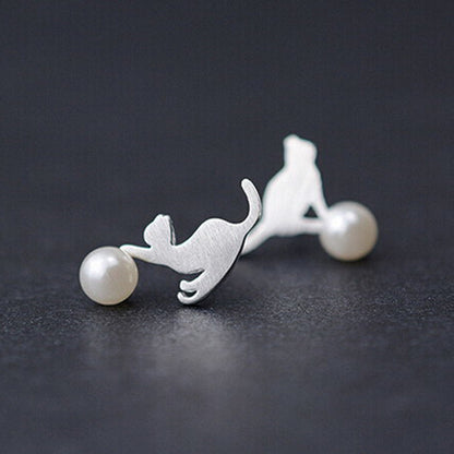 Kitty pearl brushed earrings creative personality asymmetric girl earrings-Jewearrings