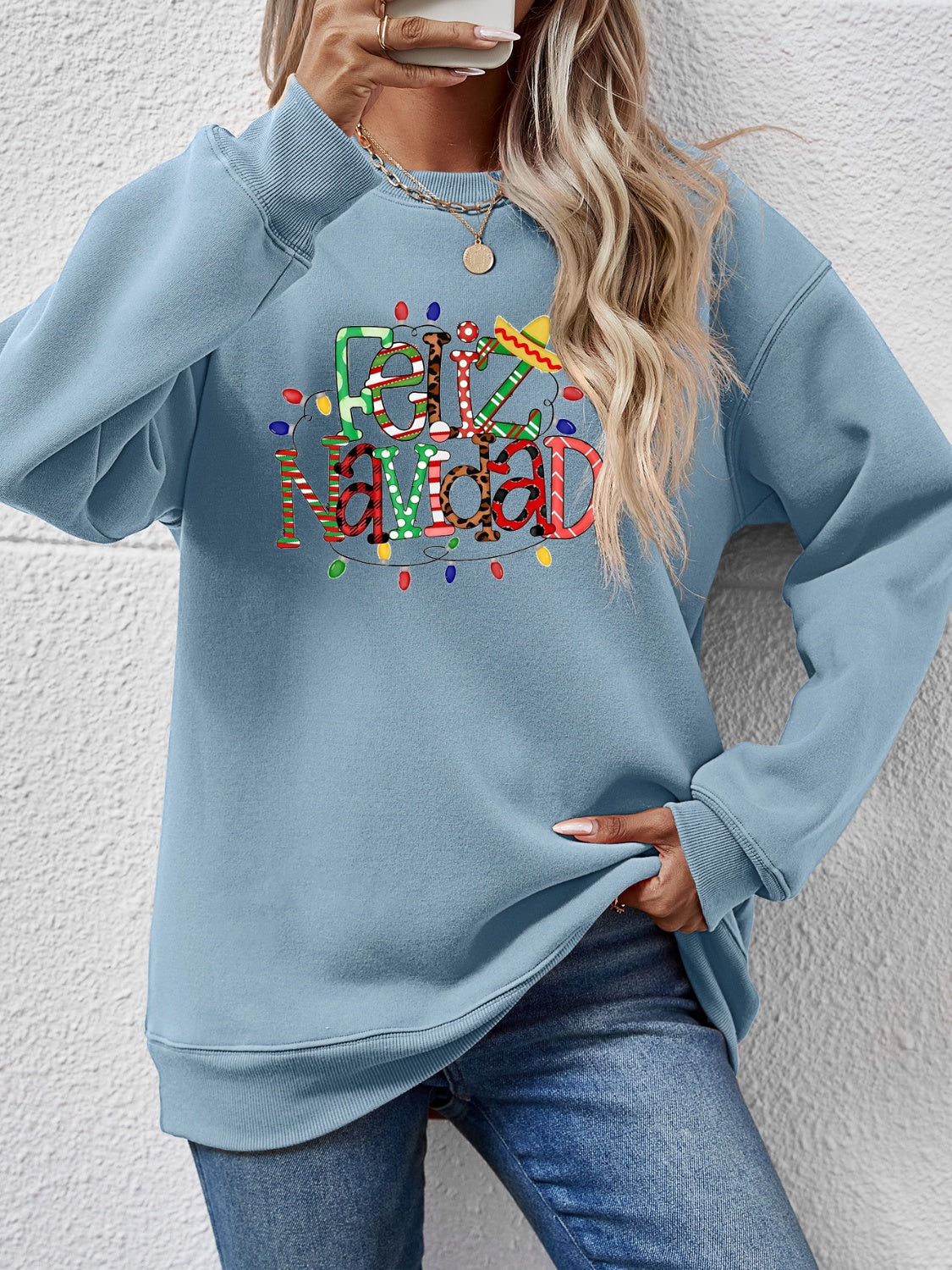 FELIZ NAVIDAD Round Neck Drop Shoulder Sweatshirt-Jewearrings