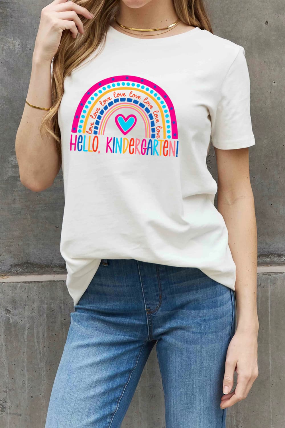 Simply Love Full Size LOVE HELLO KINDERGARTEN Rainbow Graphic Cotton Tee-Jewearrings