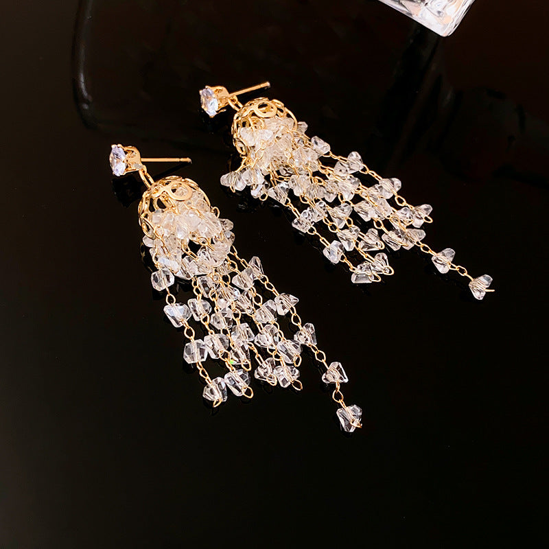 Real Gold Plating Silver Needle Zircon Tassel Dangle Earrings-Jewearrings