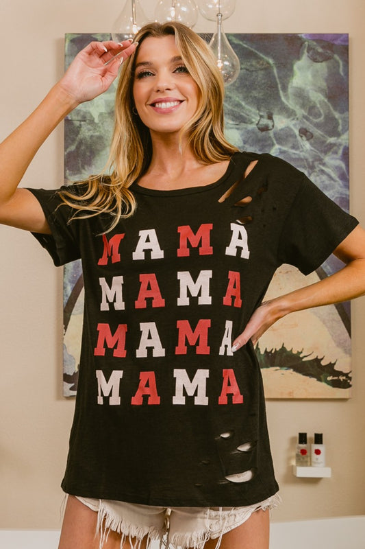 BiBi MAMA Graphic Distressed Short Sleeve T-Shirt-Jewearrings