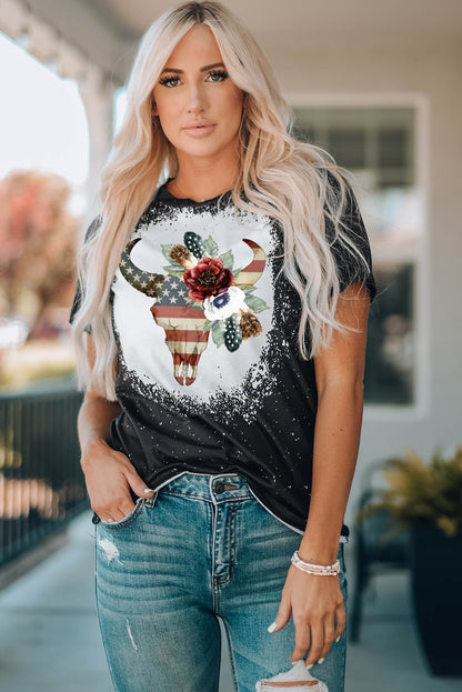 US Flag Bull Graphic Round Neck Tee-Jewearrings