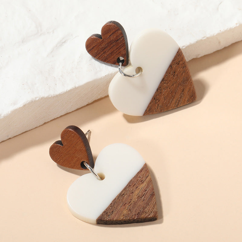 Exaggerated Geometry Heart-shaped Wood Acrylic Earrings For Women-Jewearrings