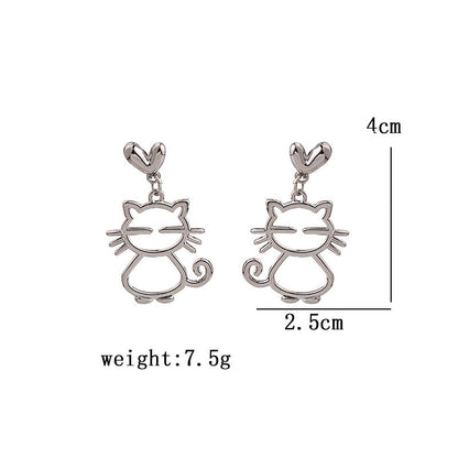 Silver Needle Metal Melancholy Cat Temperament Earrings Simple Asymmetric-Jewearrings