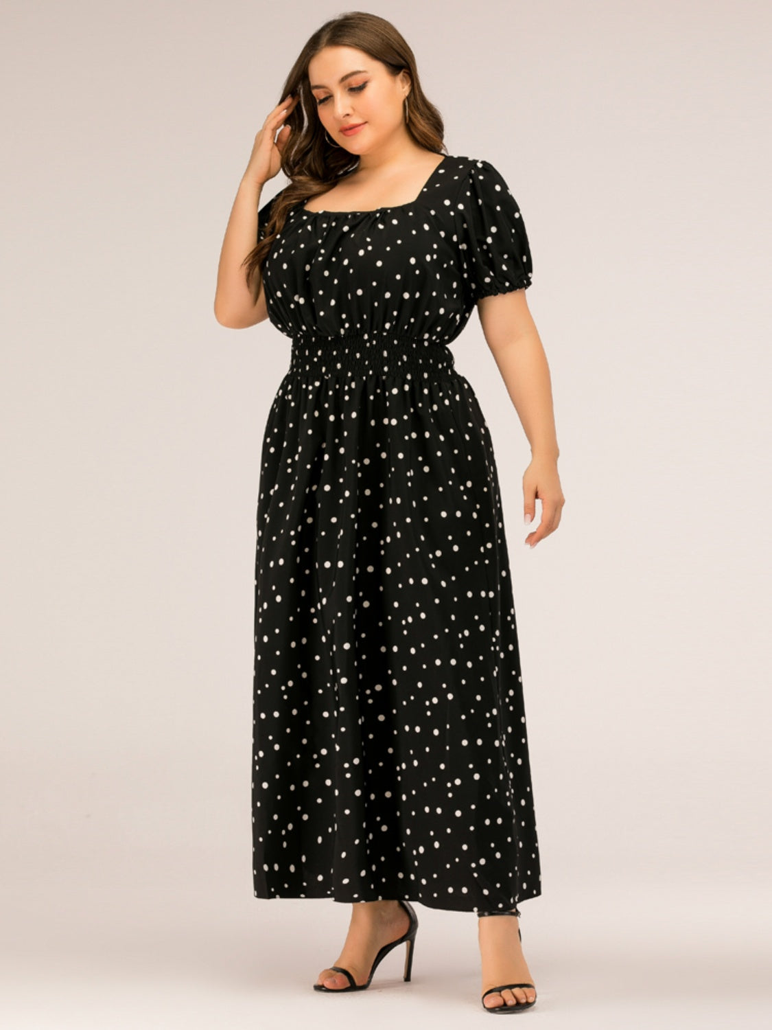 Plus Size Polka Dot Square Neck Dress-Jewearrings