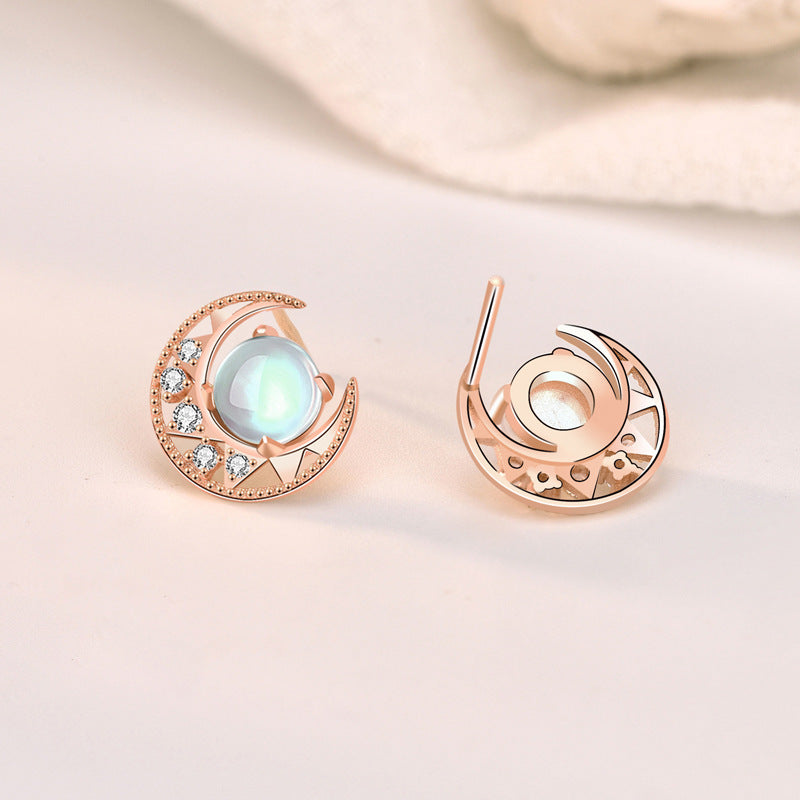 Sterling Silver Moonstone Star And Moon Stud Earrings-Jewearrings