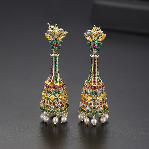 Jinse Jin Margin Earrings New Creative Retro Color Long Bells Pearl Female Palace Banquet Earrings Earrings-Jewearrings