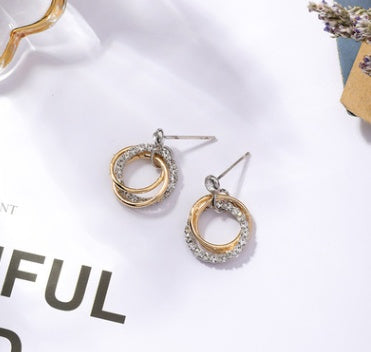 925 silver needle double ring drill ring earrings wild personality hit color earrings simple temperament earrings cold wind earrings female-Jewearrings