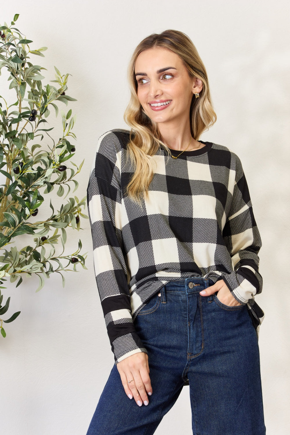 Celeste Full Size Plaid Round Neck Long Sleeve T-Shirt-Jewearrings