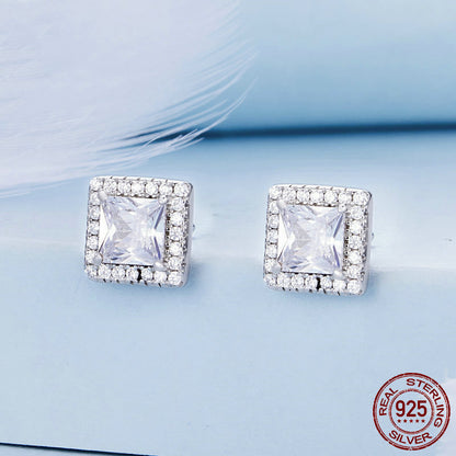 S925 Sterling Silver White Gold Plated Light Luxury Square Zircon Stud Earrings-Jewearrings