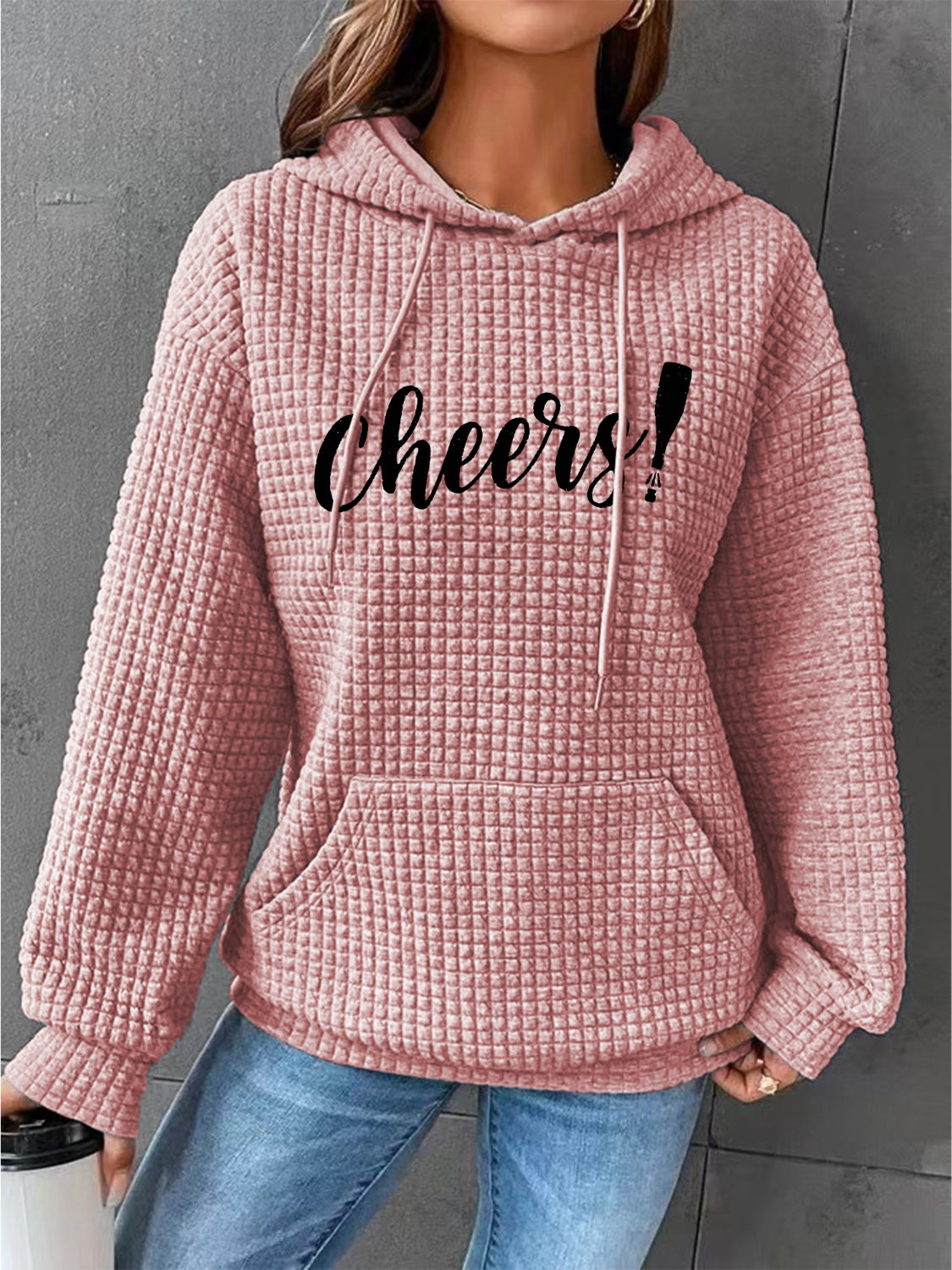 Full Size CHEERS Waffle-Knit Drawstring Hoodie-Jewearrings