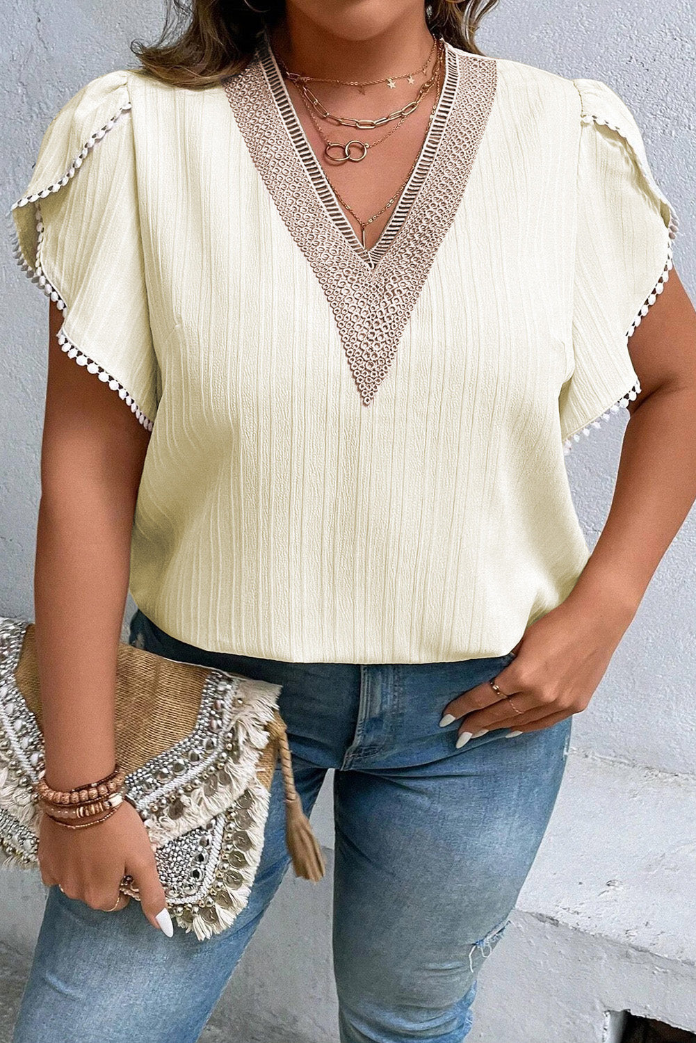 Plus Size V-Neck Petal Sleeve Blouse-Jewearrings