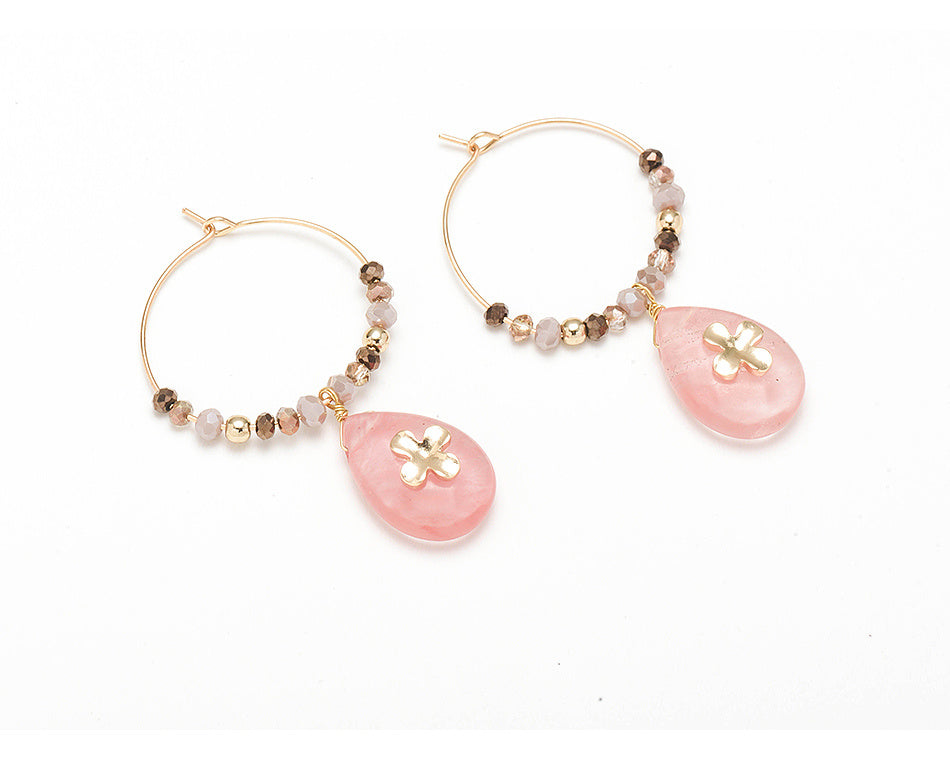 Women Fashion Natural Stone Hoop Earrings With Pink Waterdrop Stone-Jewearrings