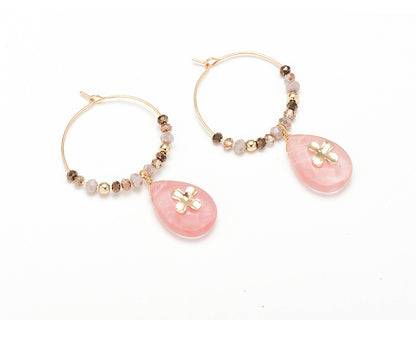 Women Fashion Natural Stone Hoop Earrings With Pink Waterdrop Stone-Jewearrings